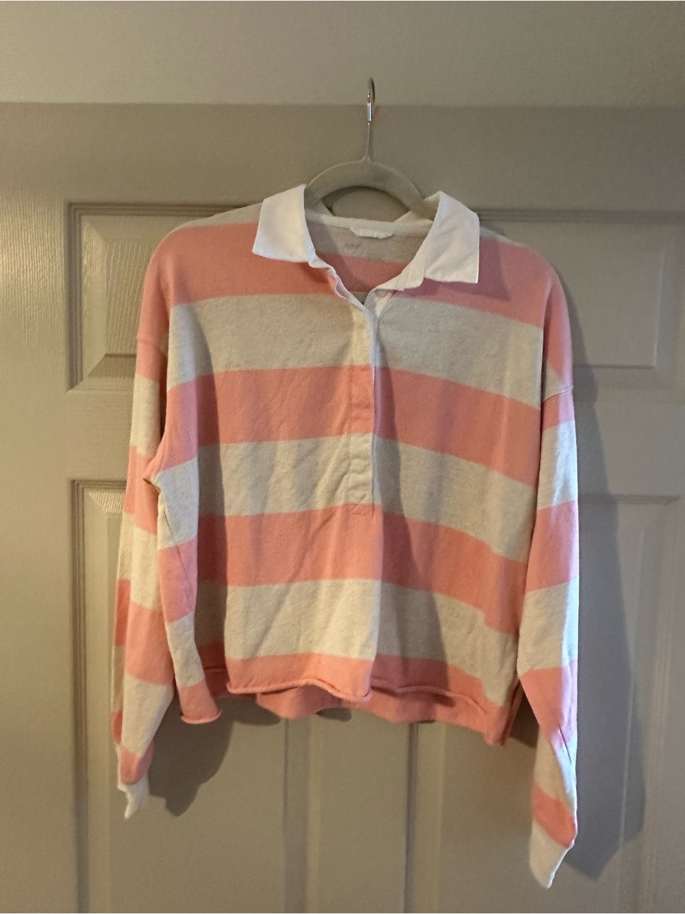 aerie Pink and White Striped Cropped  Rugby Shirt